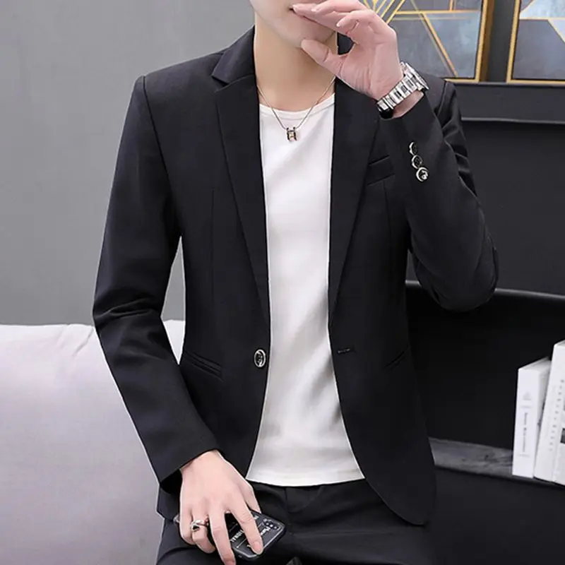 Pure Bla Slim Fit Men's Casual Single-Breasted Jaet Faionable Spring Autumn Set Stand Edition Long Sve Suit