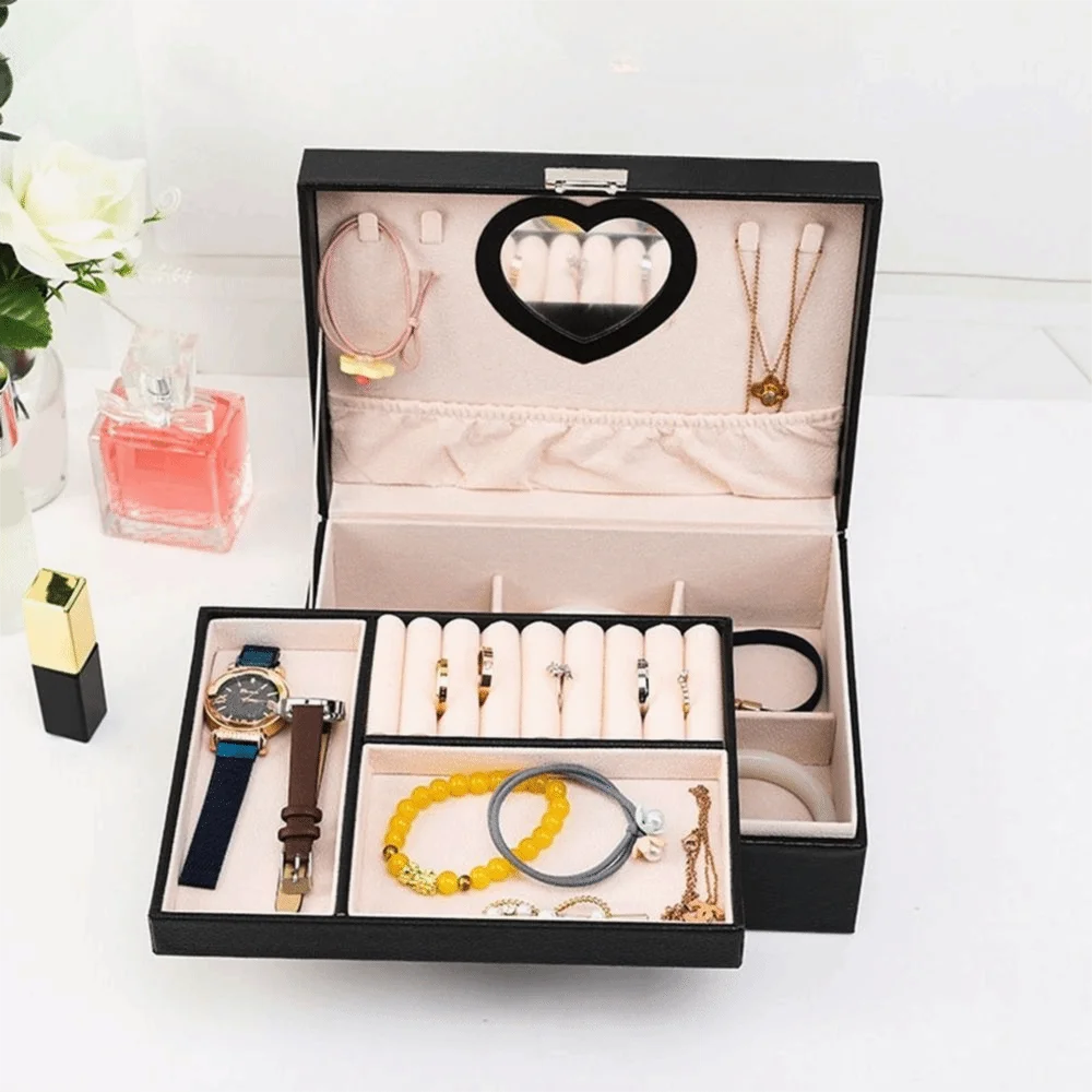 Multifunctional PU Double Layer Jewelry Box Dustproof Large Capacity Jewelry Display Case Lockable Cosmetics Box Earrings