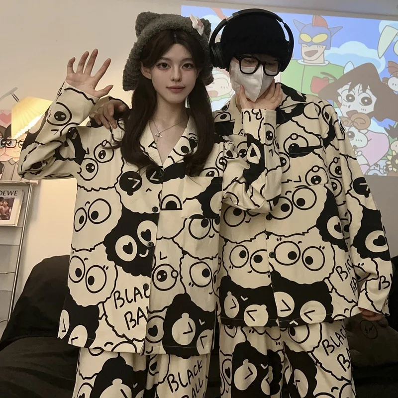 Couple Pajamas Cartoon Cinderblock Men\'s Summer and Fall Long-sleeved Set of Large Size Homewear Suit Can Be Worn Outside Suit