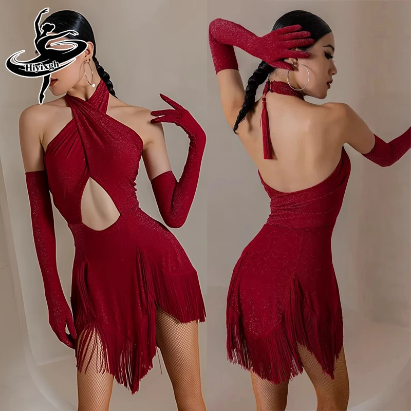 

Sexy backless cross Latin dance dress female fringed skirt + gloves Latin dress ballroom costumes