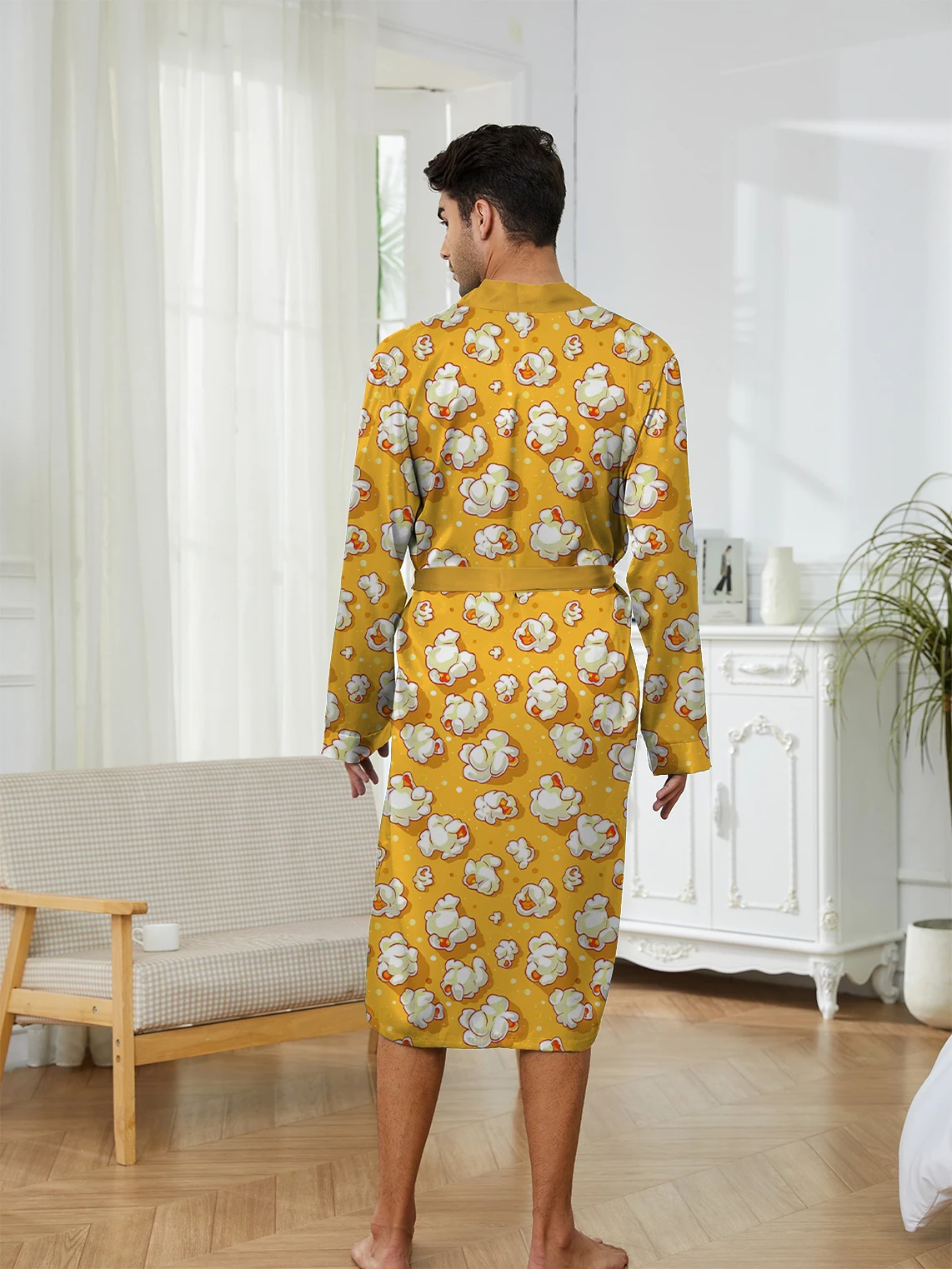 Spring and Autumn Trendy Men's Robe with Fun Digital Printing, Men's Bathrobe Home, Casual Quick Drying.