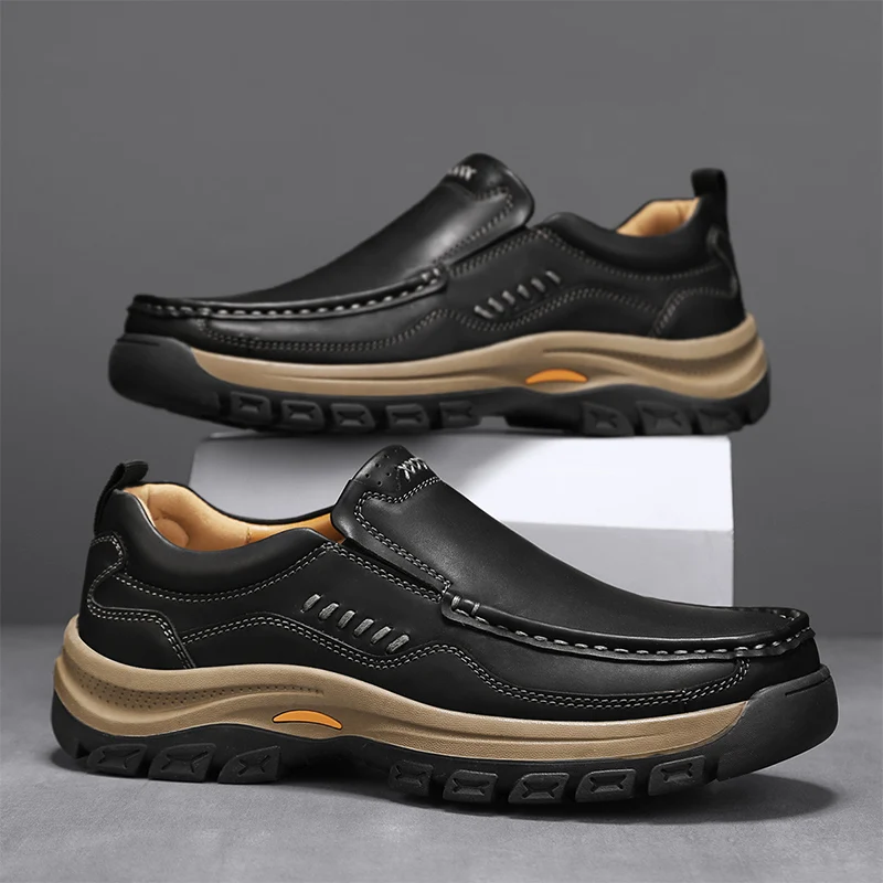Men's Hand-Stitched Fashion Loafers, Solid Color Low-Top Casual Shoes, Simple Trendy Slip-On Sneakers, Men's Shoes for All Seasons, Daily Office Business Shoes, Large Size Men's Shoes image 2
