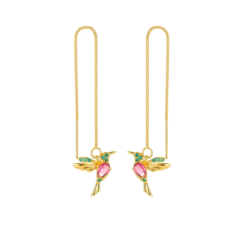 

Sweet Cute Designed Rose Golden Plated Pendant Tassel Pink Red Blue Hummingbird Vivid Animal Drop Earrings Women Jewelry