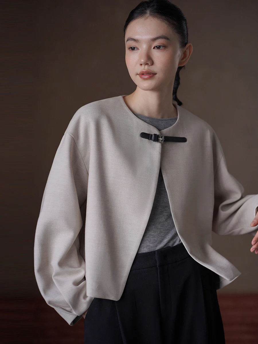 

Hacikis Miss Woolen Commute Sle Loose Fit round Ne Outerwear Ele Texture Polyester Blend Long Sve Coat