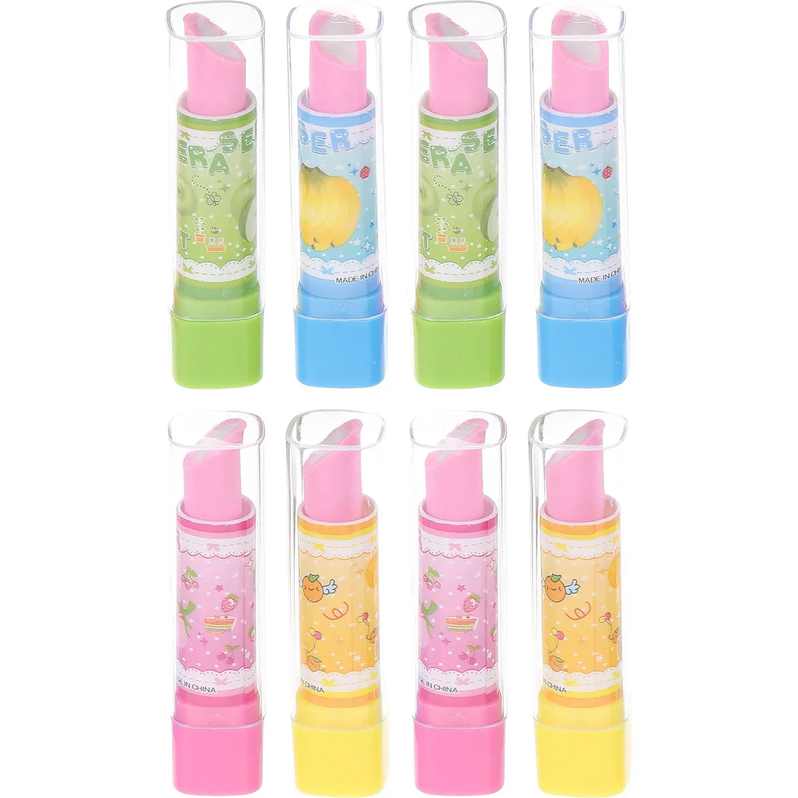 8 Pcs Lipstick Eraser Pencil Rubber Girl Creative Stationery Fruit Fancy Erasers for Kids