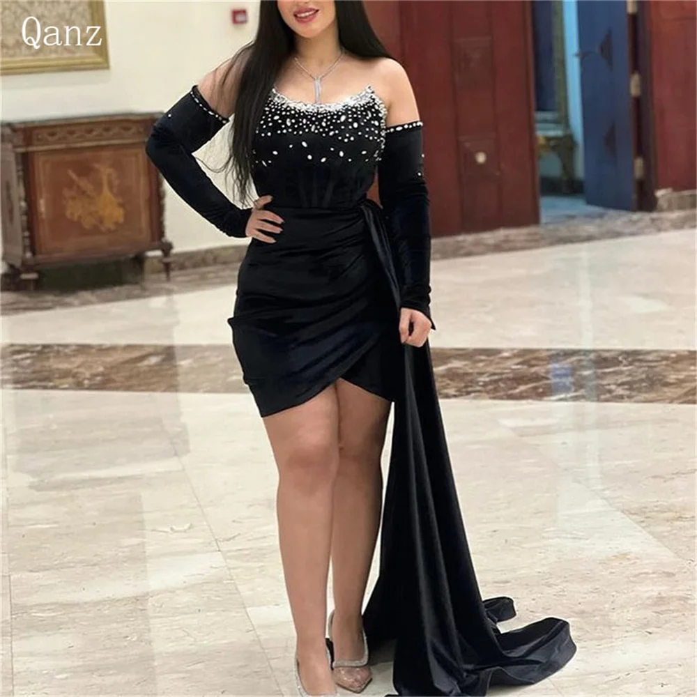 

Qanz Black Stain Prom Dresses Long Sleeves Sequined Mermaid Long Train Party Dresses Short Sexy Vestidos Para Eventos Especiales