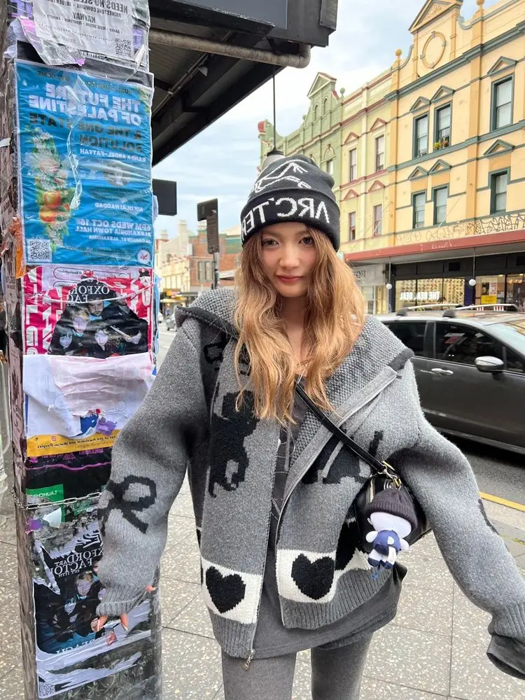 

Retro Loose Grey Hooded Knitted Jacket Women Autumn Winter New Lazy Style Jacquard Long-Sleeved Sweater Cardigan Top