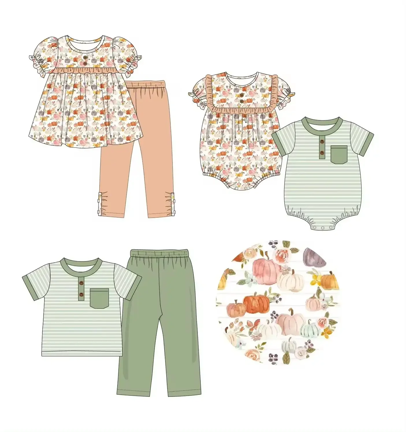 

Thanksgiving Day boutique children set short-sleeved elastic pumpkin print trouser buttons girl boy striped trouser baby romper