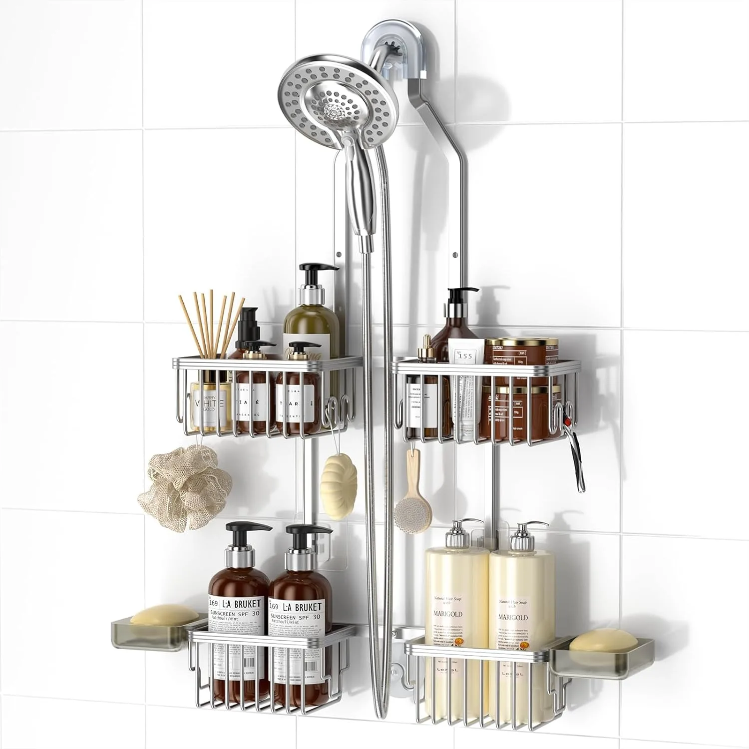 

Aluminum Shower Caddy Hanging Adjustable, Rustproof Over Shower Head Organizer with Hooks and Soap Holders for Handheld