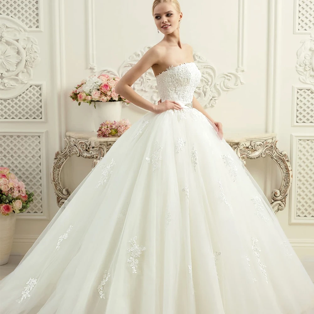 

Gorgeous Ball Lace Wedding Dress Strapless Corset Back Bridal Evening Gown Abiti Da Sposa the Bride Dresses Customizable