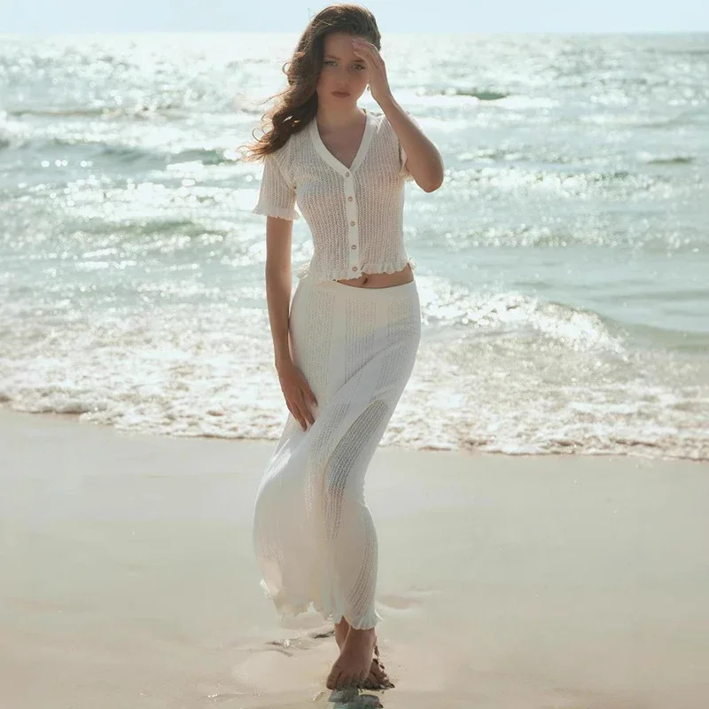 Knitting Hollow Buttons Top High Waist Long Skirt Suit Lady's Short Sleeves V-Neck Top Long Skirt Suit Sexy Beach Suit