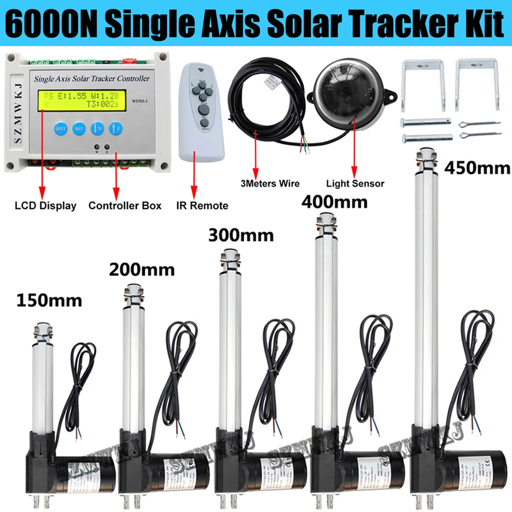 Complete 6000N Single Axis LCD Solar Tracker Controller W/ Linear Actuator DIY Solar Panel Auto Tracking Sunlight Track System