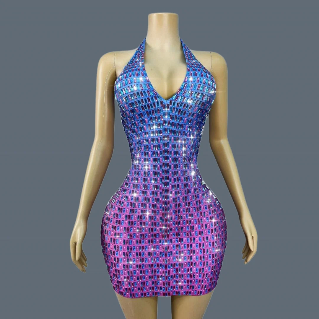 

Purple Blue Gradient Rhinestone Halter Mini Dress Women Sheer Mesh Stage Performance Wear Party Cocktail Sexy Dress Binghuojia