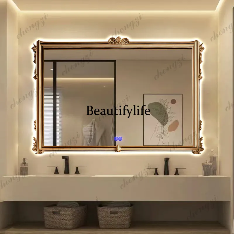 HR Square retro bathroom mirror wall hanging intelligent defogging bathroom French LED washstand bathroom mirror