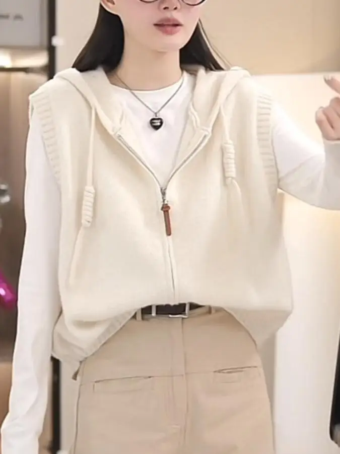 Fashionable Women's Knitted Hoodie Cardigan Spring Autumn Drawstring Multi-Purpose Vest Standard Fit Zipper Design No Pocket