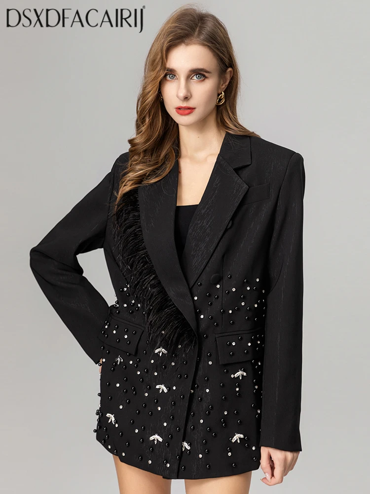 DSXDFACAIRIJ سترة نسائية بياقة مقلوبة وأكمام طويلة ريش مطرز بزر واحد موضة شارع العليا Autumnn