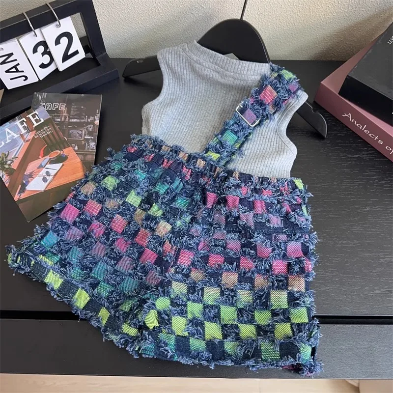 

TOY-Girls' Suit Summer2025New Children's Asymmetric Shoulder Denim Overalls Girls Stylish Plaid Denim Set Trendy