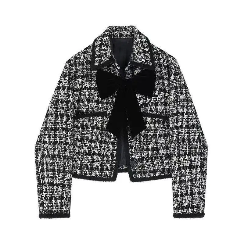 Fiocco Patchwork manica lunga dolce giacca scozzese Vintage Chic moda bottoni top donna colletto rovesciato cappotto Roupas Tweed