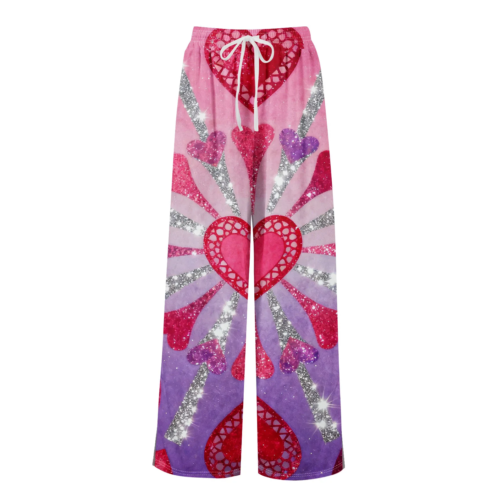 سروال واسع الساق بنمط طباعة القلب سروال برباط خصر مرن مع جيوب سروال نسائي فضفاض غير رسمي سروال عيد الحب #4