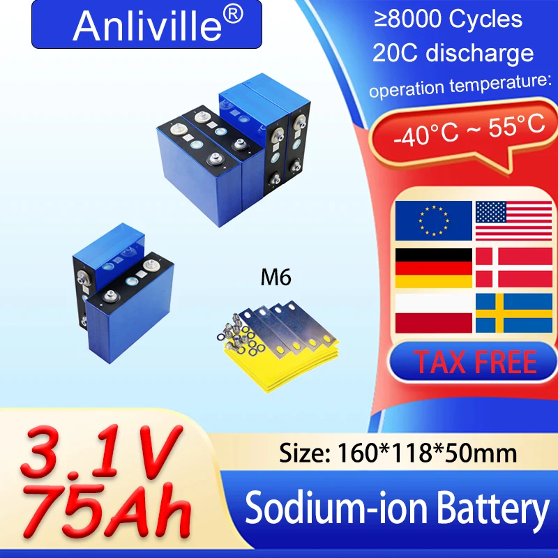 1-20 piezas batería de iones de sodio 2,9 V 3,1 V 75Ah 20C descarga 12V 24V vehículo eléctrico y motocicleta inversor solar batería de carga