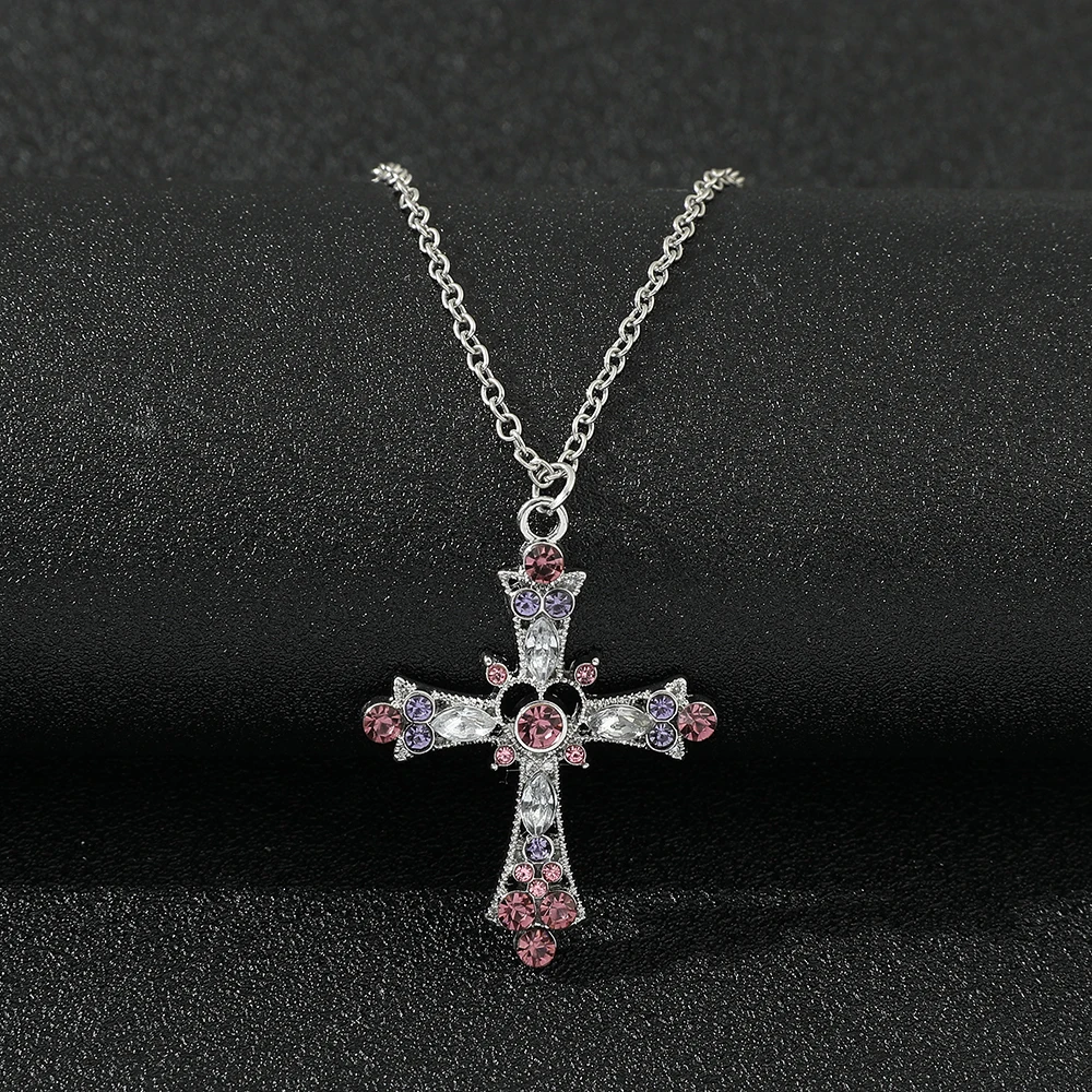 Bohemian Pink Crystal Inlaid Jesus Cross Pendant Necklaces Silver Necklace Men Women Collarbone Chokers Vintage Fashion Jewelry