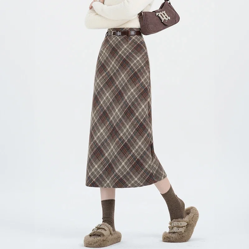 

Plaid Mid-length Skirt Woolen Autumn Winter High Waisted Woolen Skirts Women's Korean Style Woman Clothes Aesthetic Chic Elegant