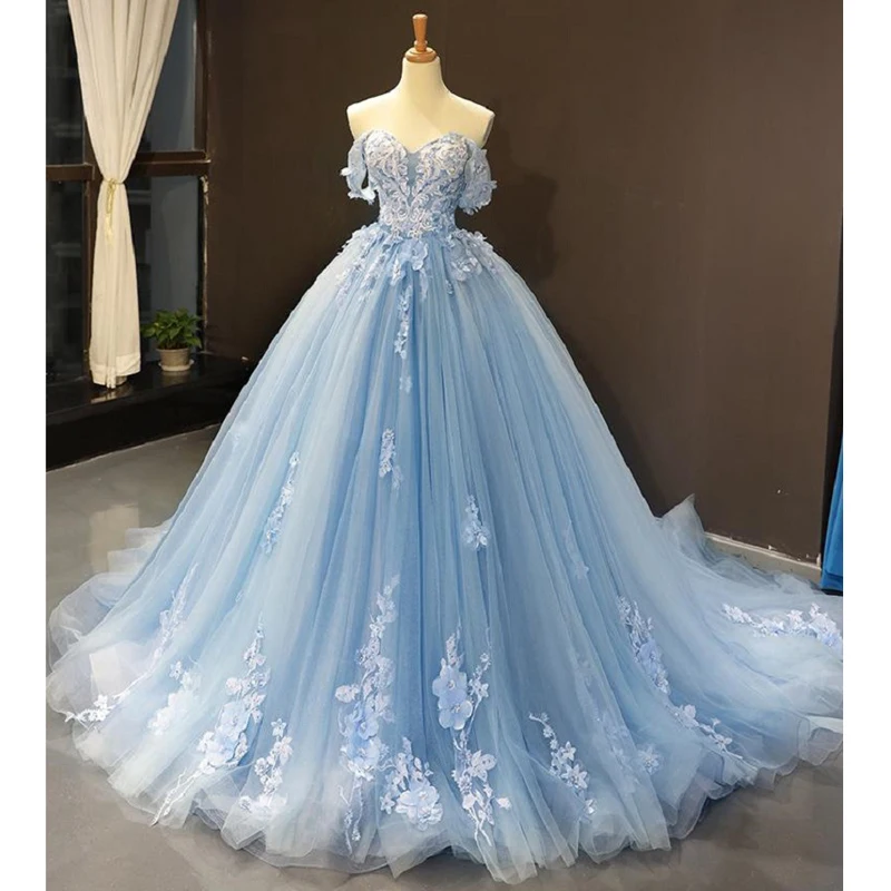 Vestido de baile de quinceañera, vestidos de tul de princesa azul cielo, vestidos de fiesta de graduación de cumpleaños con flores de encaje