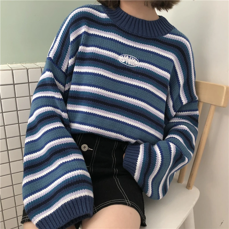 Clarissa Sweater Blue & White Striped Oversized Jumper Embroidered Mock Neck Cropped Pullovers Harajuku Women\'s Sweaters /