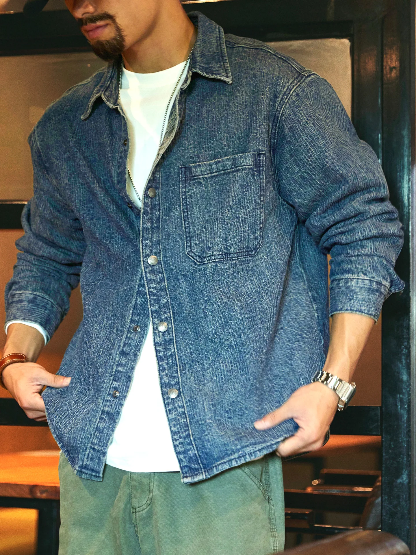 Men's Denim Shirt Jacket Stripe Embroidery Long Sleeve Vintage American Style Commute Casual Cotton Polyester Blend Autumn