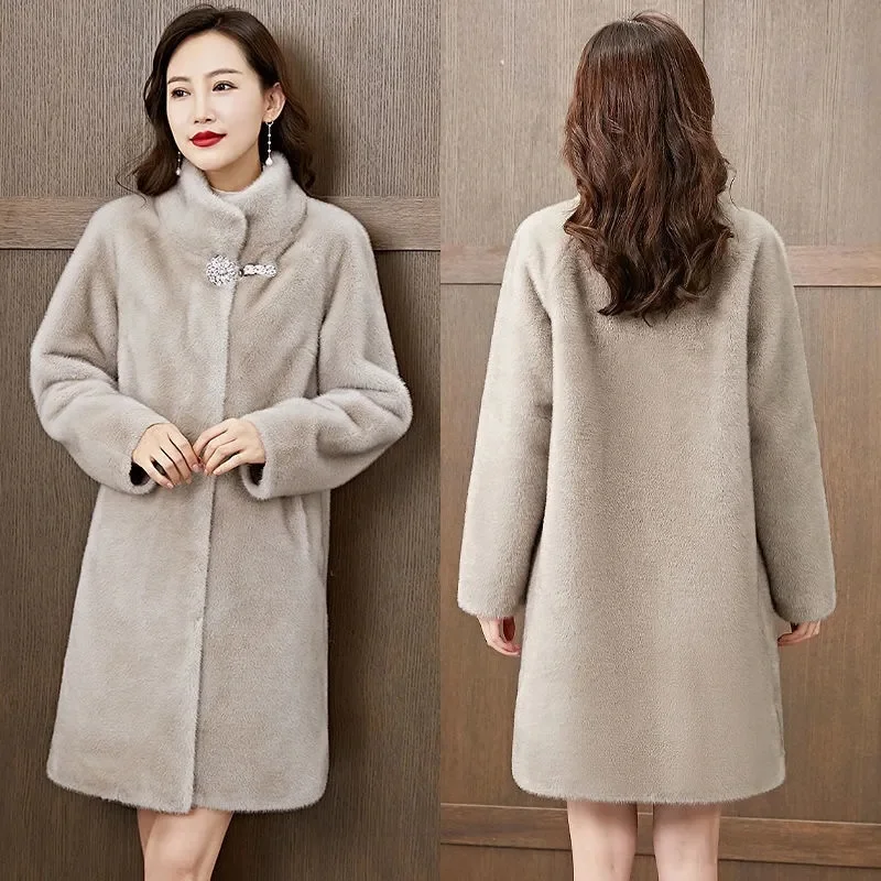 2024New Mink Fur Coat Women Autumn Winter Fur Jacket High Quality Mother With Thick Outerwear Long Slim Warm Overcoat Female Top