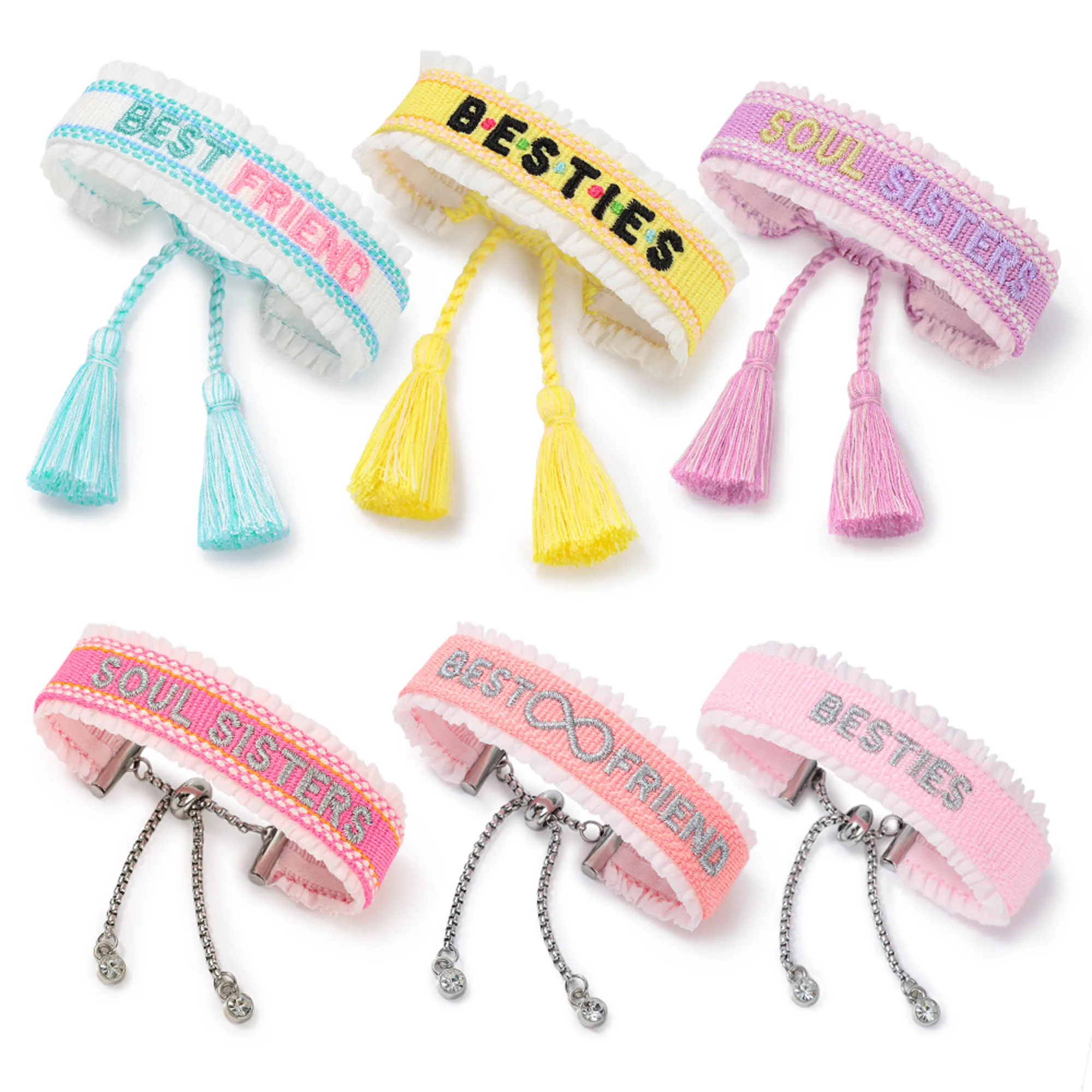 6pcs BESTIES Friendship Bracelets Ruffles Edged Embroidery Bracelet Sisters Wristband Braided Rope Gifts for Best Friends