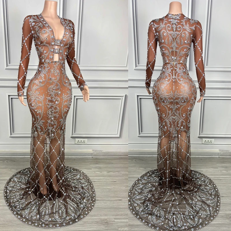 Brown Rhinestones Celebrate Dress Sexy Cutout Evening Dresses Women Wedding Party Costume Gown Stage Performance Outfit XS8204