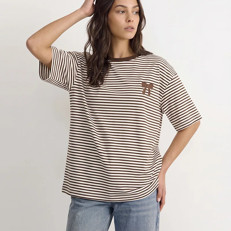 Damen Gestreiftes Kurzarm-T-Shirt Sommer Vintage Schleife Stickerei O-Ausschnitt Übergroßes T-Shirt Lässige Streetwear Lockeres T-Shirt Top