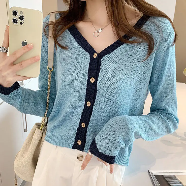 

Women V-Neck thin Patchwork Cardigan Sweater Single Breasted Loose 2024 Knitted Spring Autumn Fashion Short Top U402