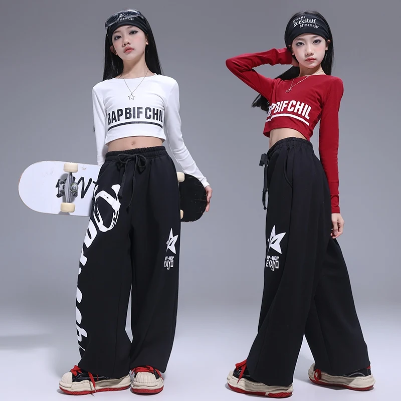 Costume de danse Jazz pour enfants, tenue de scène Kpop, haut court blanc, pantalon rouge, vêtements d'entraînement de danse de rue, vêtements de danse urbaine 1703