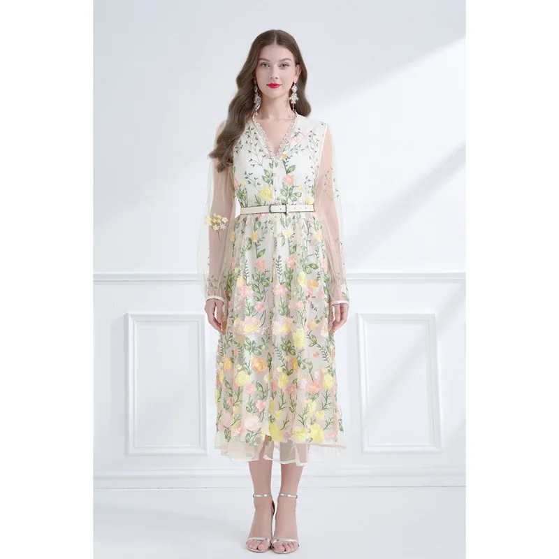 ナタリヤ ヘビー刺繍レースランタンスカート ウエストシェイプド ストリートスタイル ハイウエスト レッドクラウドシルク ロングスカート Vネック...