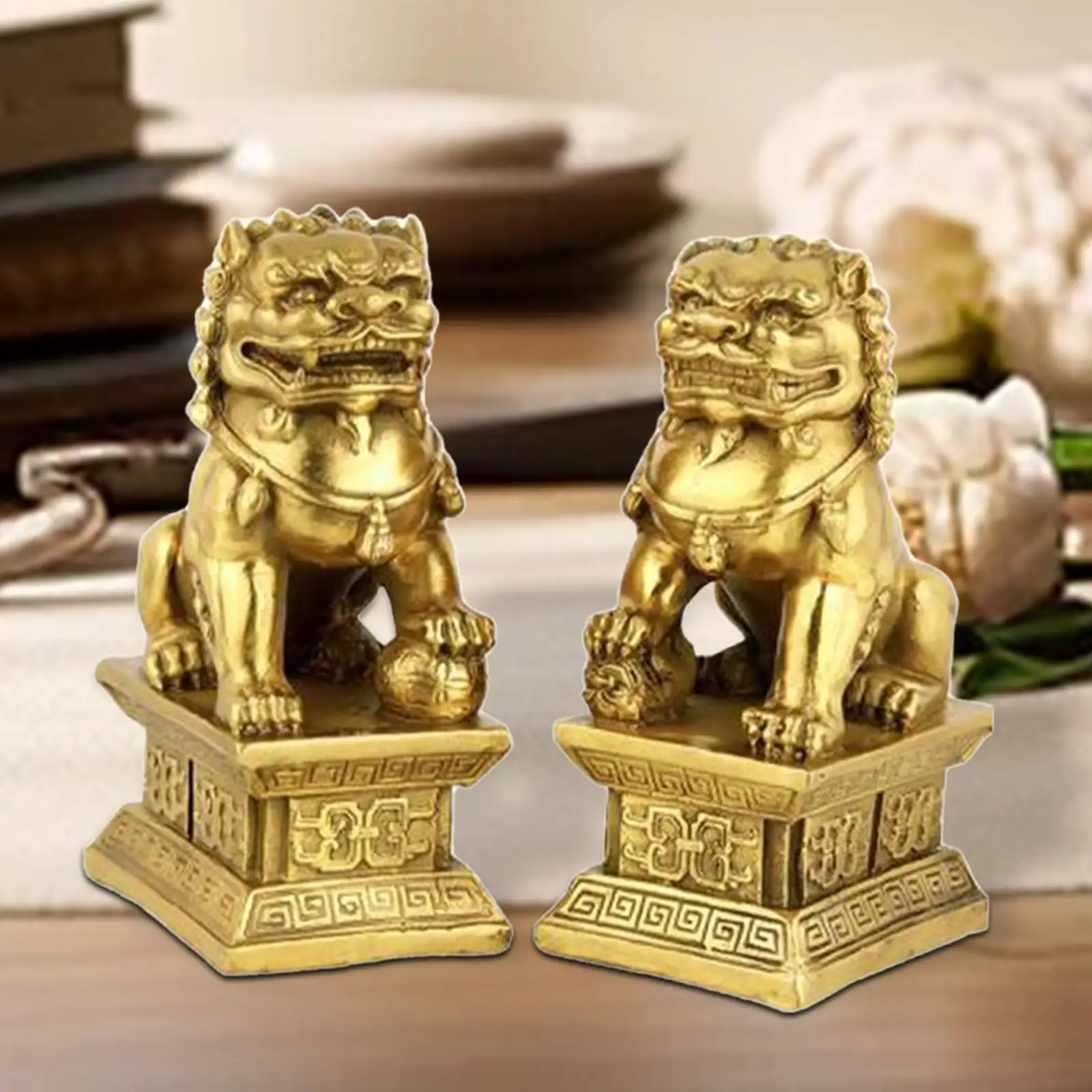 Resin Lion Statue Desktop Animal Craft Chinese Fu Dogs Guardian Figurines Good Luck Feng Shui Tabletop Decoration for Bank