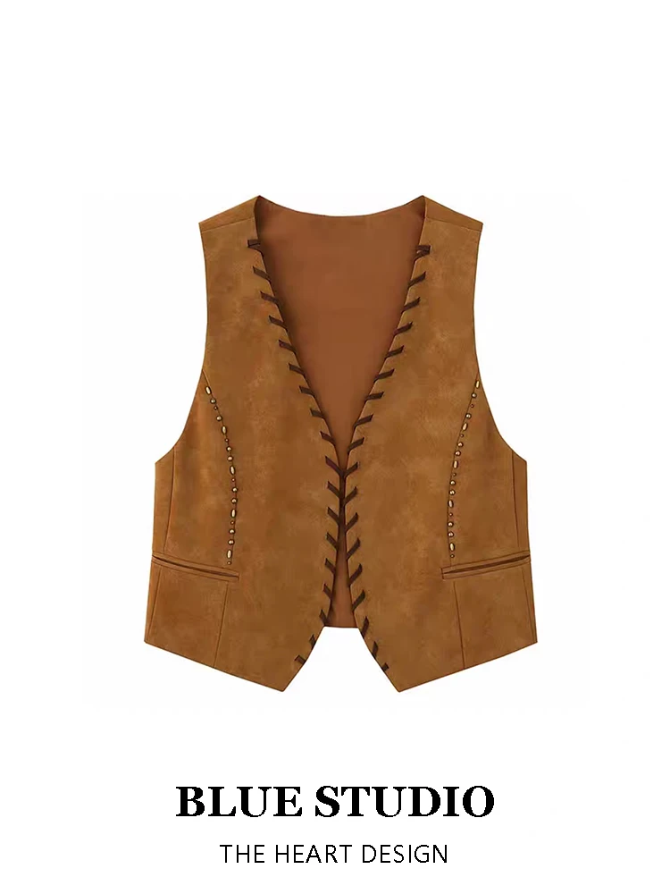 

Retro Brown Suede Vest Women's Spring Autumn Outerwear V-Ne Open Cardigan Heavy Layering Svel Vest Ethnic Sle