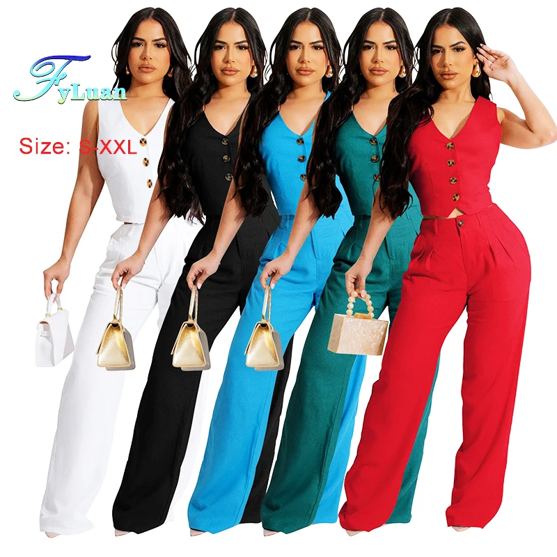Set da due pezzi da donna alla moda Abito in tinta unita con scollo a V Gilet senza maniche Slim Fit Pantaloni lunghi a gamba larga solidi Set eleganti a vita alta