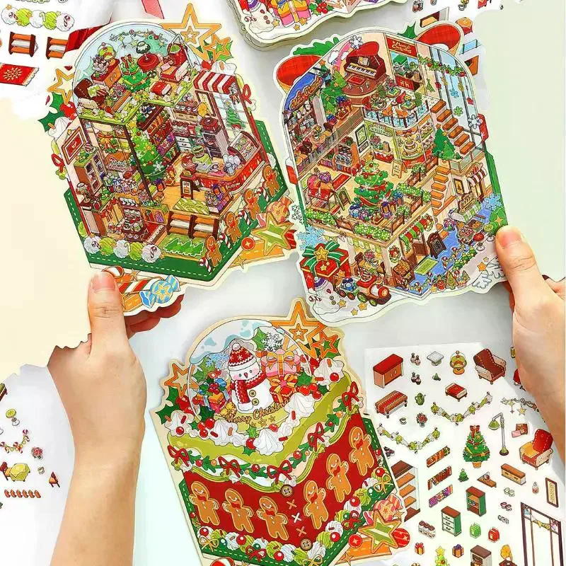 1/4Pcs Weihnachten Miniatur Diorama Landschaft Aufkleber Nette Cartoon Tasche DIY Szene Dekoration Ästhetische Schreibwaren Aufkleber
