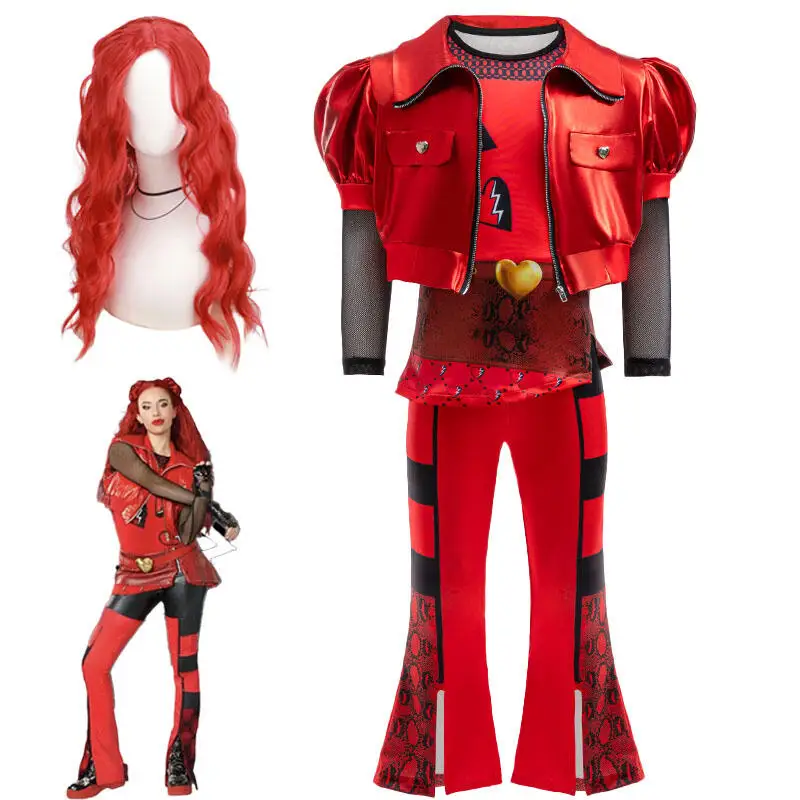 Girls The Rise of Red Makeup Dance Dress Halloween Cosplay Costume for 4-12 Years Old Children Movie Descendants 4 Dresses Wig