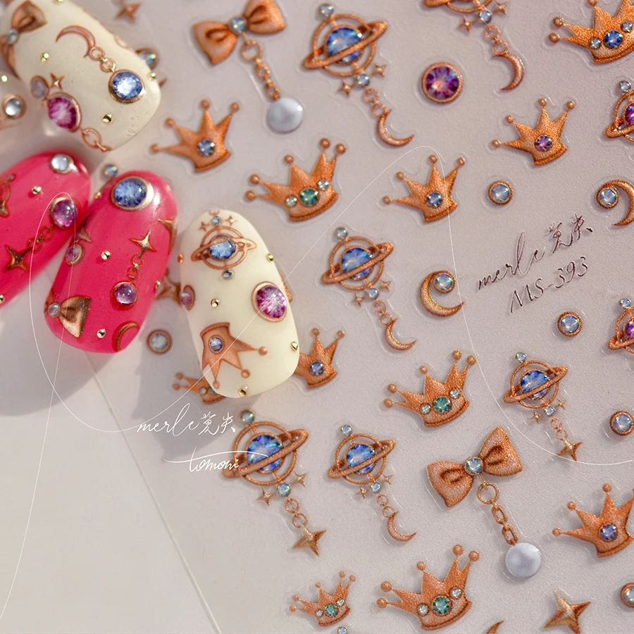 

1 Piece 5D Gemstone Crown Nail Sticker High Quality Embossed Star and Moon Bow Pearl Soft Embossed Nail Art Decoration Sticker