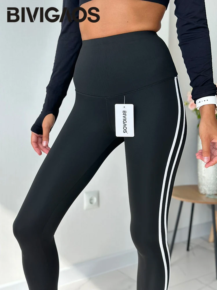 BIVIGAOS Spring Summer New Running Sports Leggings Women High Waist Slim-Fitting Side Stripes Tight Sharkskin Casual Leggings