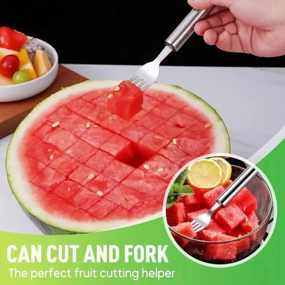 

2 in 1 Watermelon Cutter Silver Double Head Use Fruit Slicer Multi-purpose Stainless Steel Watermelon Fork Slicer Kitchen