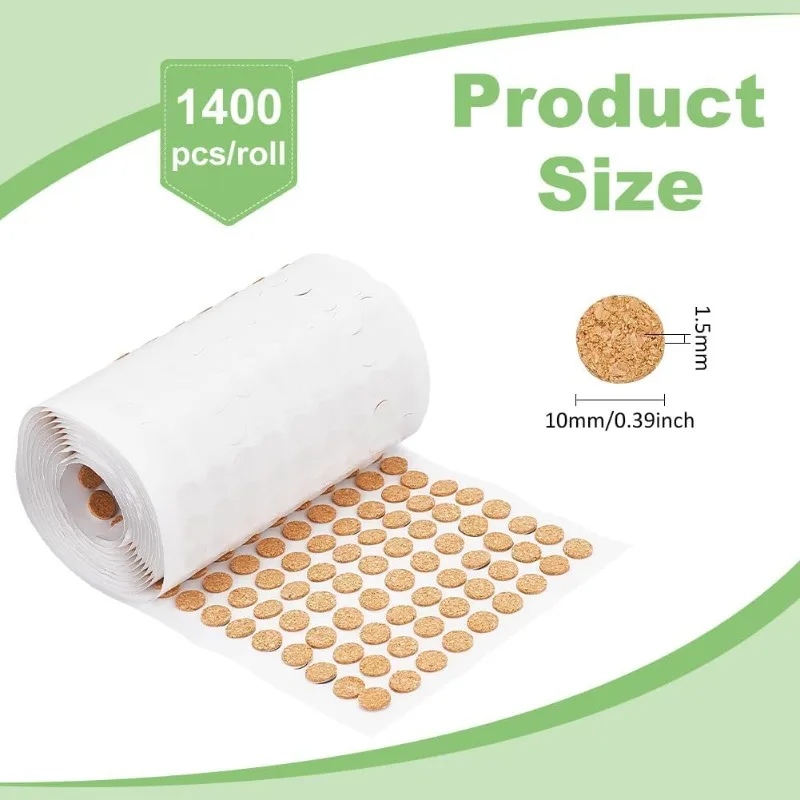 1400pcs 0.4x0.06 Inch Adhesive Cork Circles Flat Round Self-Adhesive Cork Round Dots Cork Mat for Cabinets Table Top Items