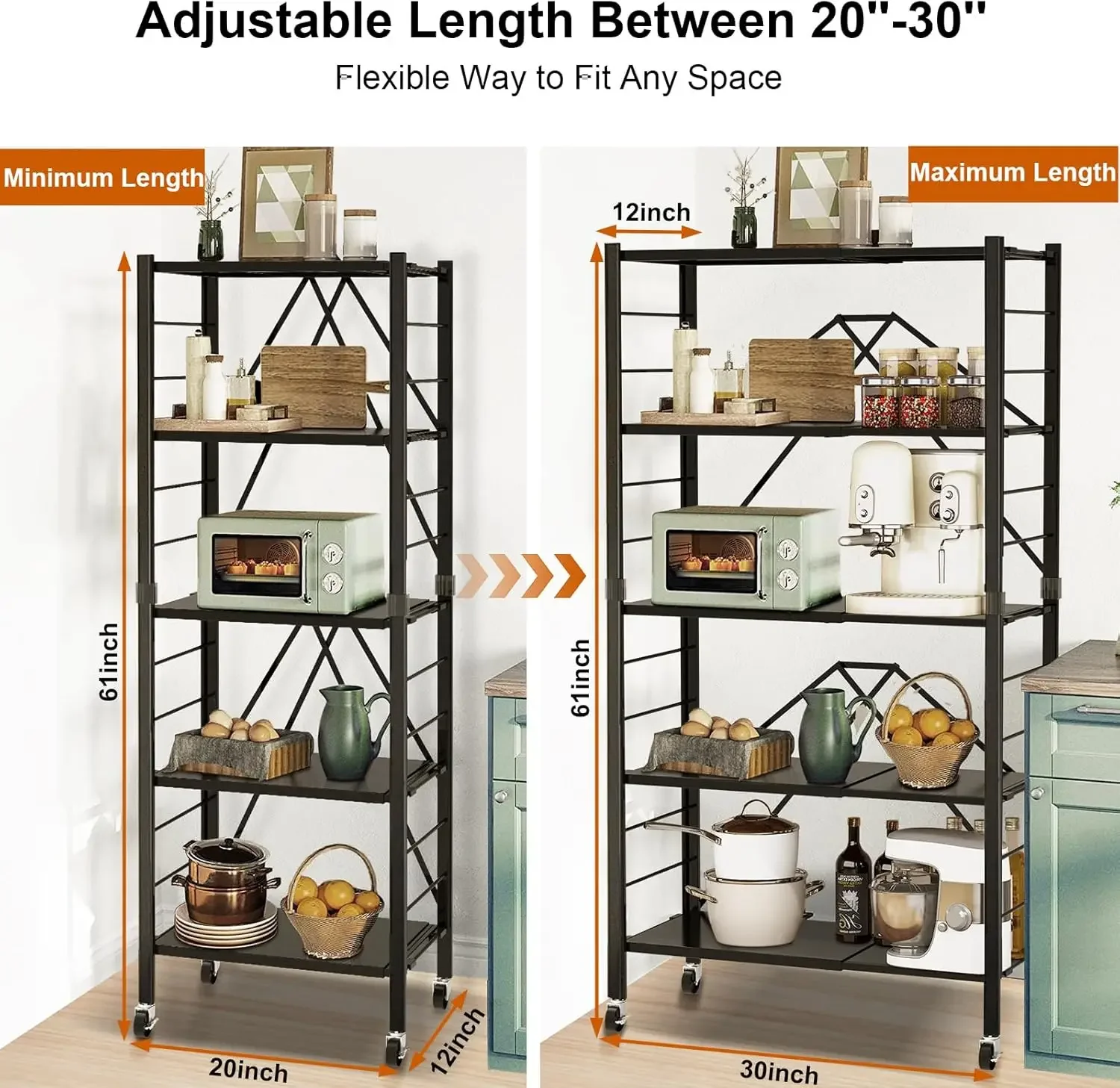 5-Shelf Storage Shelves,Foldable Metal Shelving Units with Wheels,Changeable into 2 Shelf Units,Collapsible Adjustable Storage R