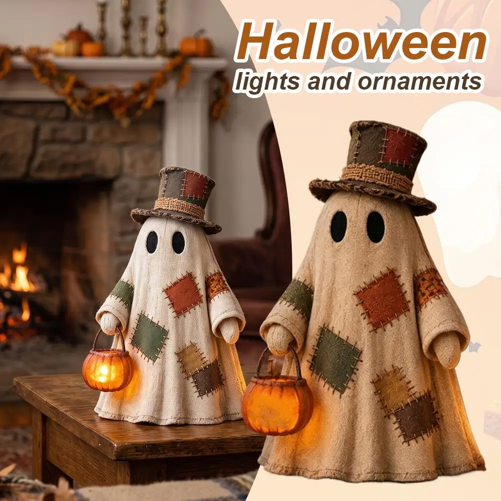 Vintage Halloween Patchwork Ghost Decor Witch Hat Bow Halloween Decoration Item, Suitable for Living Room Ornament Festival Gift
