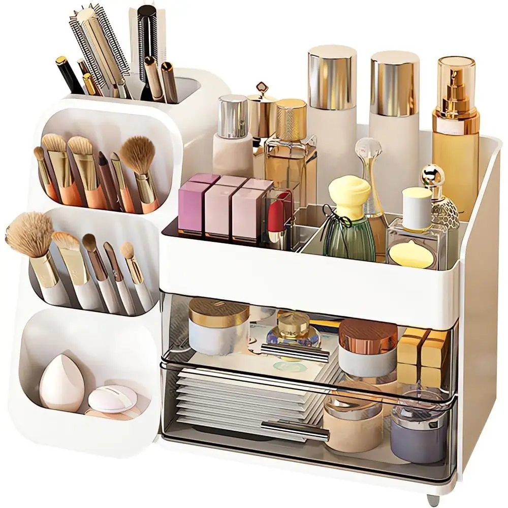 

Органайзер для косметики с держателем для кистей для туалетного столика, органайзер для раковины в ванной с 2 ящиками, большой органайзер для хранения средств по уходу за кожей