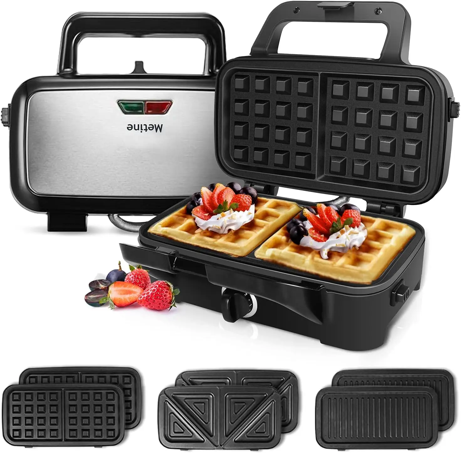 Máquina para Hacer Waffles Belgas 3 en 1 de 1200W, Máquina para Hacer Sándwiches de Desayuno y Plancha para Waffles con Placas Antiadherentes Extraíbles, 5 Niveles de Temperatura