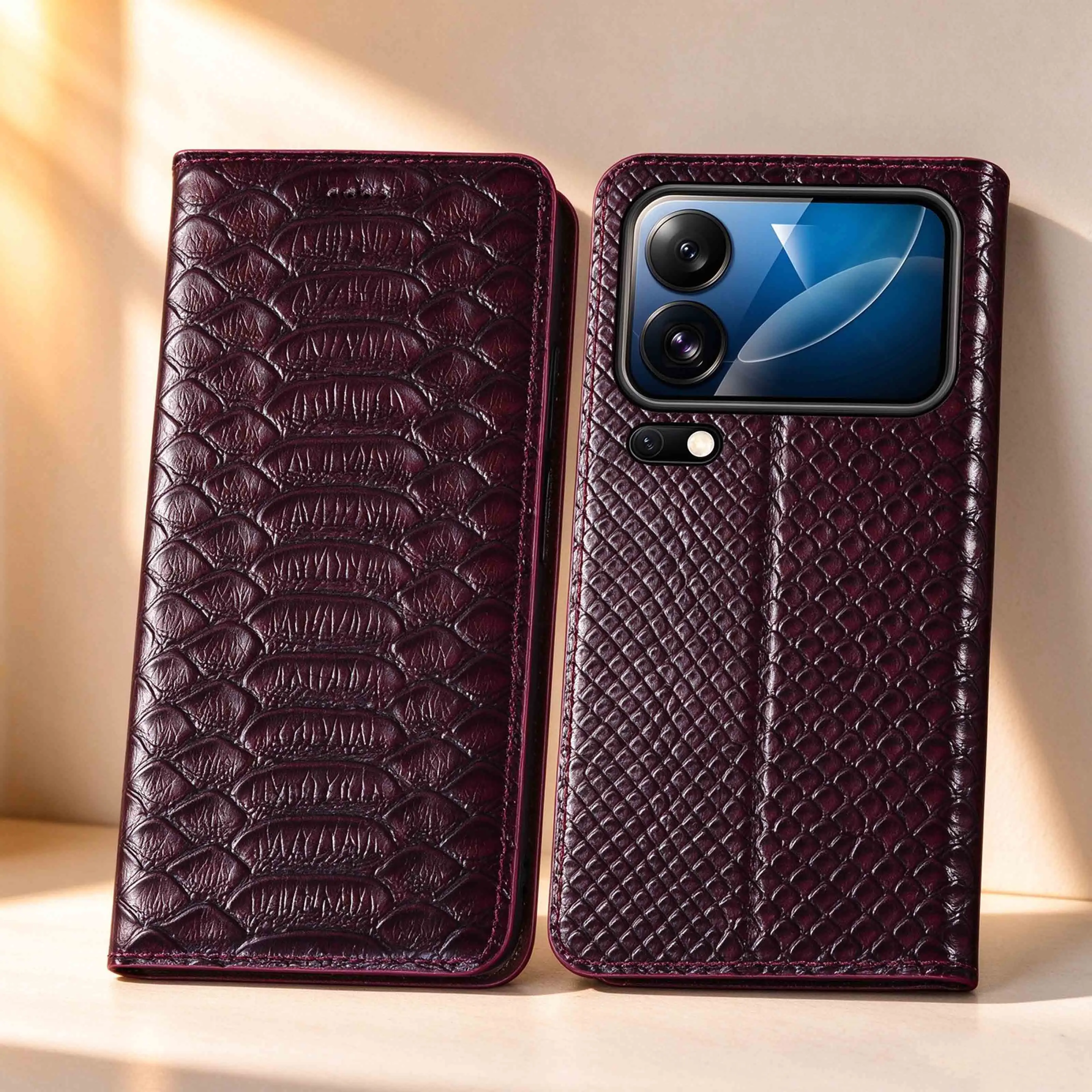 Python Genuine Leather Flip Phone Case For Xiaomi 18 Pro Max 5G Of Magnetic Book Cover Cowhide Pattern Card Pocket Wallet Cases